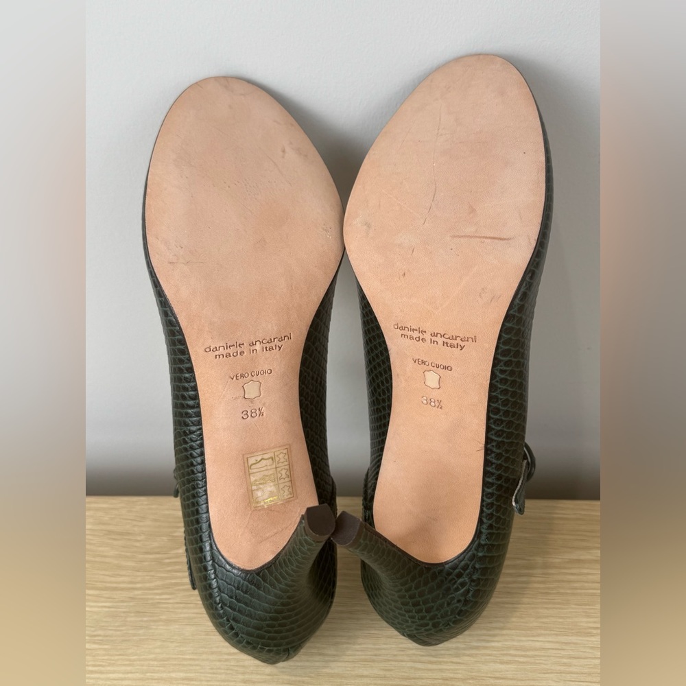 Vintage Daniele Ancarani Green Snake Embossed Heels Strap Buckle 38.5 Women's 8 - Picture 9 of 13